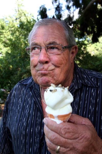 "I hope these things don't come back to life when they warm up!" Northland Regional Council Chairman Craig Brown tries a wasp larvae ice cream.